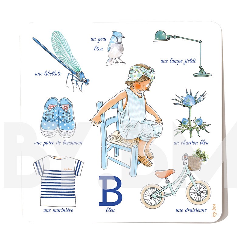 Carte carrée illustrée allégorie de la couleur bleue avec les dessins d'une petite fille, des objets et des plantes iconiques.