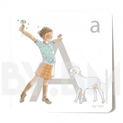 Tarjeta cuadrada de alfabeto de 8x8 cm, letra A ilustrada con dibujos originales, niña, animal y planta
