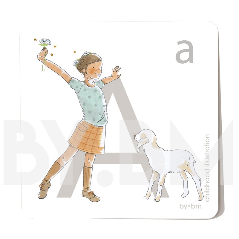 Carte abécédaire carré de 8x8cm , lettre A illustrée par de dessins originaux, petite fille, animal et végétal
