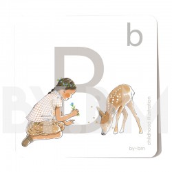 Tarjeta cuadrada de alfabeto de 8x8 cm, letra B ilustrada con dibujos originales, niña, animal y planta