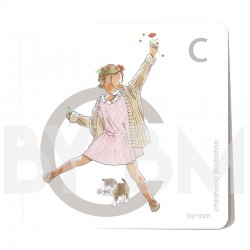 8x8cm square alphabet card, letter C illustrated by original drawings, little girl, animal and plant