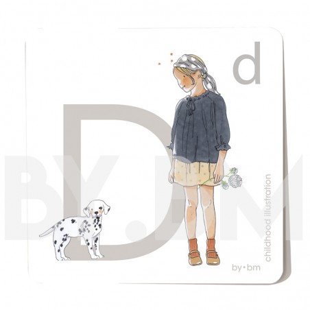 Carte abécédaire carré de 8x8cm , lettre D illustrée par de dessins originaux, petite fille, animal et végétal