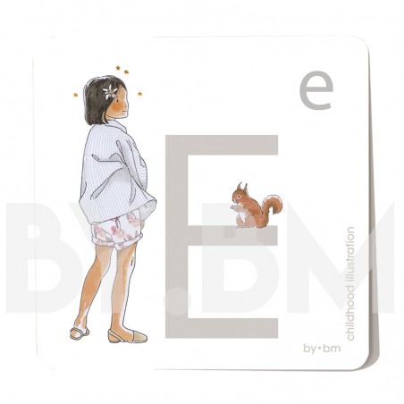 8x8cm square alphabet card, letter E illustrated by original drawings, little girl, animal and plant