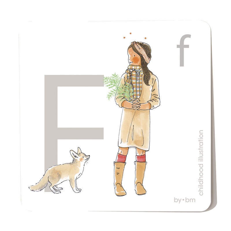 Carte abécédaire carré de 8x8cm , lettre F illustrée par de dessins originaux, petite fille, animal et végétal