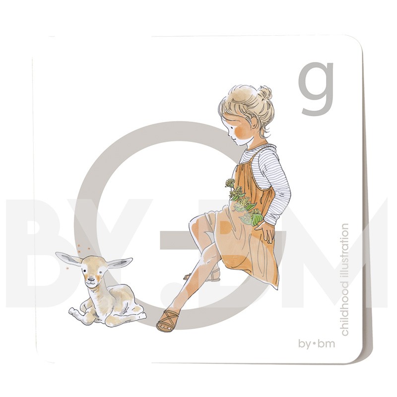 8x8cm square alphabet card, letter G illustrated by original drawings, little girl, animal and plant