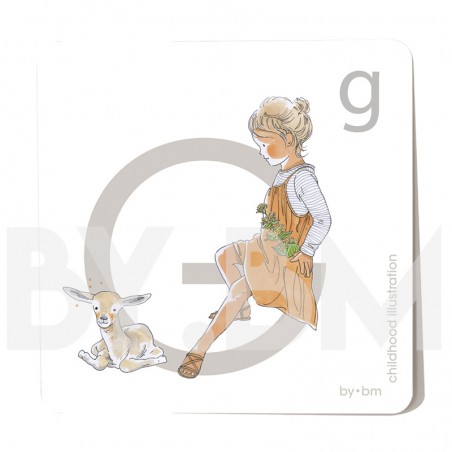 Carte abécédaire carré de 8x8cm , lettre G illustrée par de dessins originaux, petite fille, animal et végétal