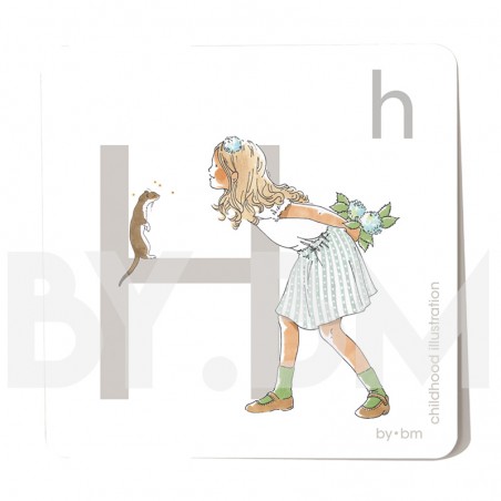 8x8cm square alphabet card, letter H illustrated by original drawings, little girl, animal and plant