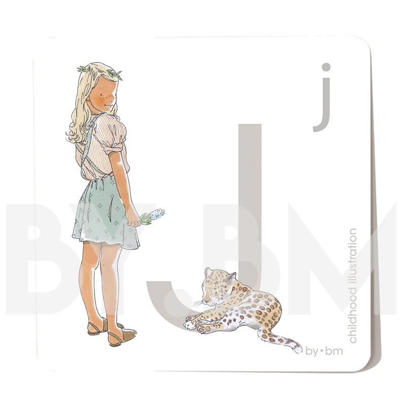 Carte abécédaire carré de 8x8cm , lettre J illustrée par de dessins originaux, petite fille, animal et végétal