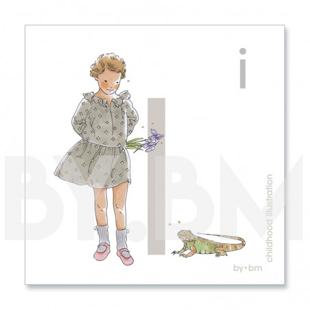 8x8cm square alphabet card, letter I illustrated by original drawings, little girl, animal and plant