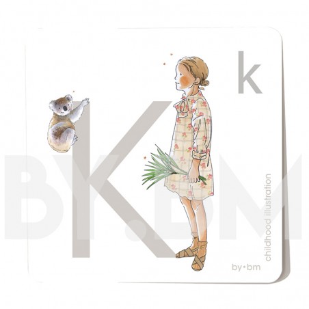 8x8cm square alphabet card, letter K illustrated by original drawings, little girl, animal and plant