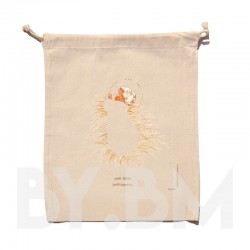 Organic cotton pouch 25x30cm with an original artistic illustration of the Little Jesus on the straw of the cot