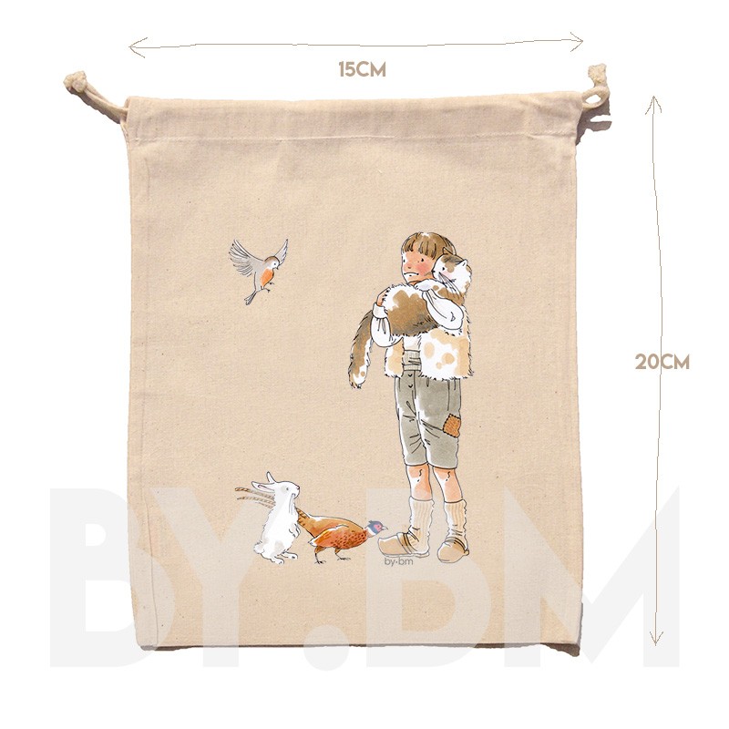 Bolsa de algodón orgánico de 15x20 cm con una ilustración artística original sobre el tema del cuento El Gato con Botas