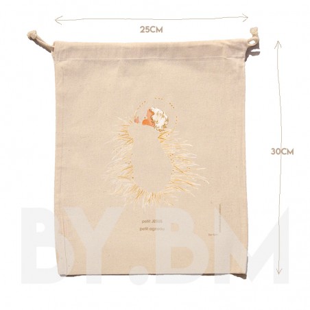 Pochon en coton bio de 25x30cm avec une illustration artistique originale représentant le Petit Jésus sur la paille de la crèche