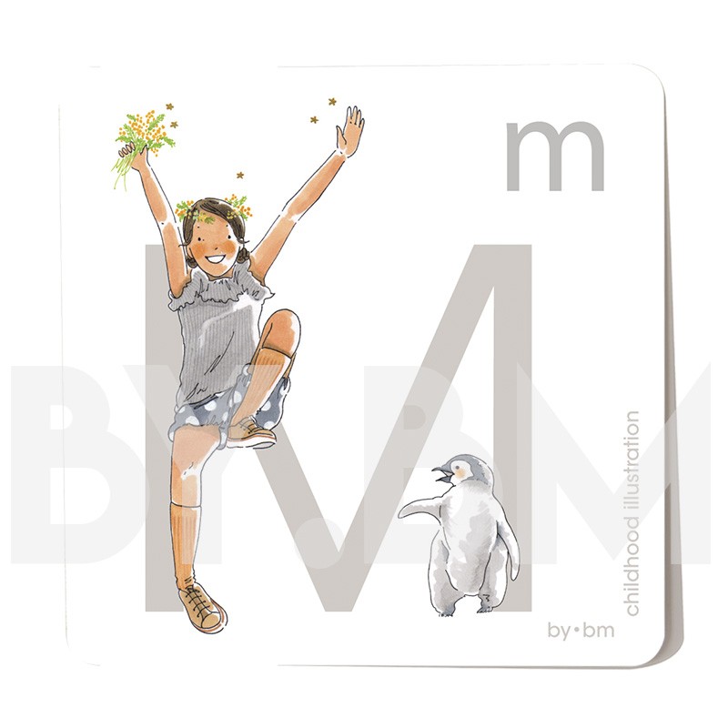 8x8cm square alphabet card, letter M illustrated by original drawings, little girl, animal and plant