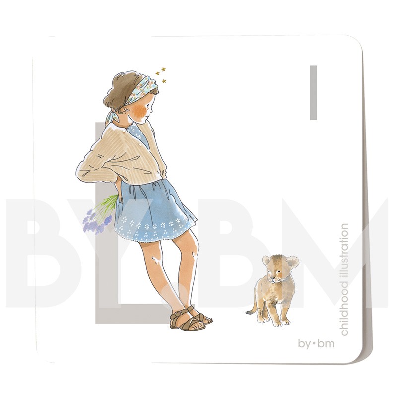 8x8cm square alphabet card, letter L illustrated by original drawings, little girl, animal and plant
