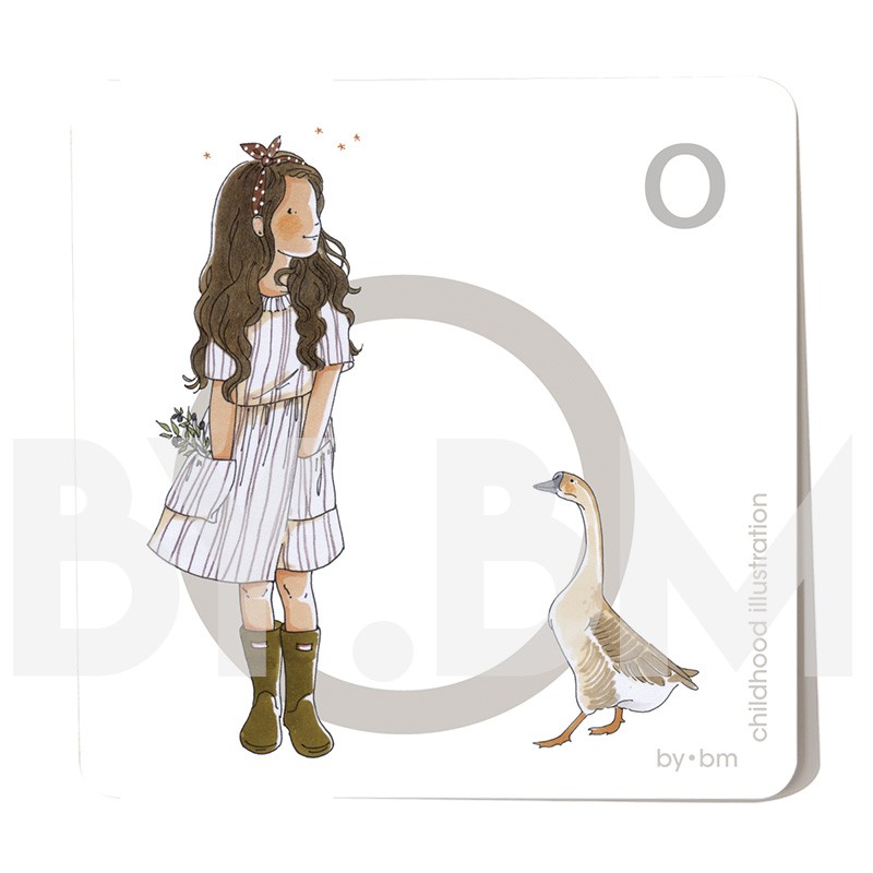 8x8cm square alphabet card, letter O illustrated by original drawings, little girl, animal and plant