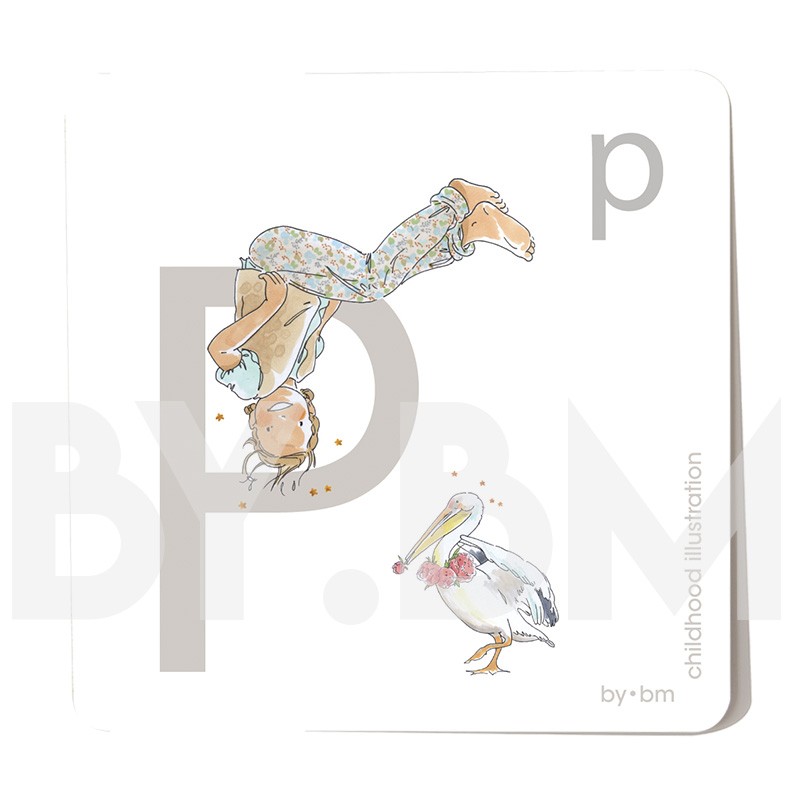 Carte abécédaire carré de 8x8cm , lettre P illustrée par de dessins originaux, petite fille, animal et végétal