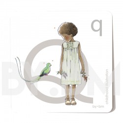 8x8cm square alphabet card, letter Q illustrated by original drawings, little girl, animal and plant