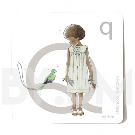 Carte abécédaire carré de 8x8cm , lettre Q illustrée par de dessins originaux, petite fille, animal et végétal