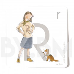 Carte abécédaire carré de 8x8cm , lettre R illustrée par de dessins originaux, petite fille, animal et végétal