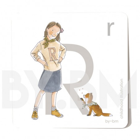 8x8cm square alphabet card, letter R illustrated by original drawings, little girl, animal and plant