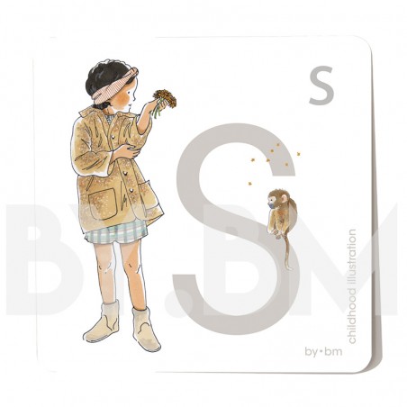 8x8cm square alphabet card, letter S illustrated by original drawings, little girl, animal and plant