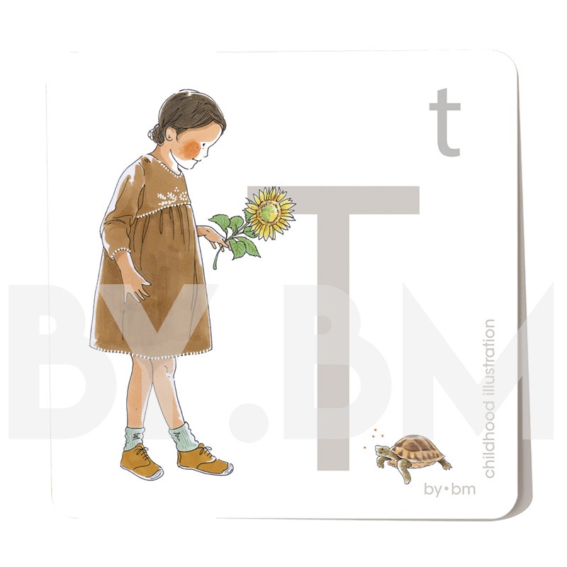 Tarjeta cuadrada de alfabeto de 8x8 cm, letra T ilustrada con dibujos originales, niña, animal y planta