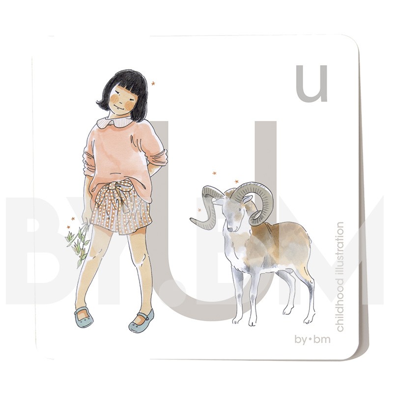 Carte abécédaire carré de 8x8cm , lettre U illustrée par de dessins originaux, petite fille, animal et végétal