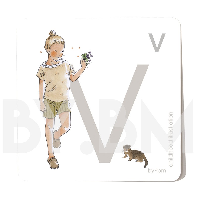 8x8cm square alphabet magnet, letter V illustrated by original drawings, little girl, animal and plant