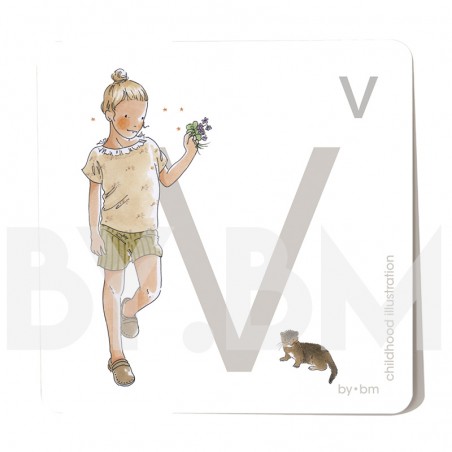 Carte abécédaire carré de 8x8cm , lettre V illustrée par de dessins originaux, petite fille, animal et végétal