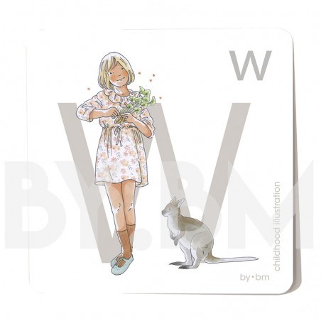Carte abécédaire carré de 8x8cm , lettre W illustrée par de dessins originaux, petite fille, animal et végétal