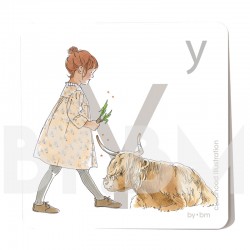 Carte abécédaire carré de 8x8cm , lettre Y illustrée par de dessins originaux, petite fille, animal et végétal