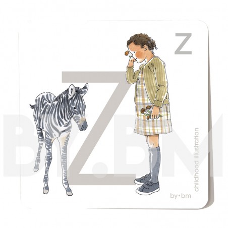 Carte abécédaire carré de 8x8cm , lettre Z illustrée par de dessins originaux, petite fille, animal et végétal
