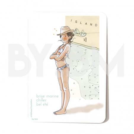 Carte postale estivale avec un dessin original représentant une ado, sur le thème du bord de mer avec fond de carte ancienne