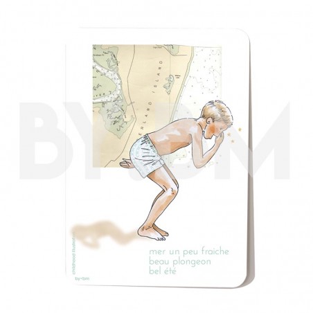 Summer postcard with an original drawing representing a boy on the seaside theme with an old map background