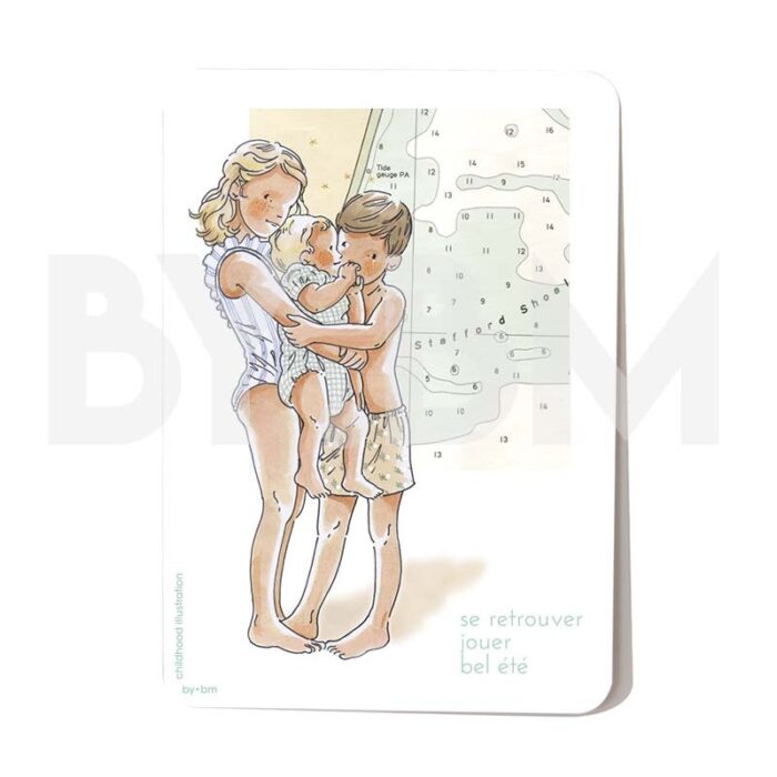 Carte postale représentant 3 enfants en maillot de bain, une petite fille, un garçon et un bébé
