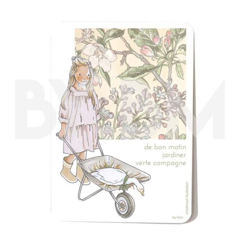 Carte postale avec petite fille entrain de pousser une brouette