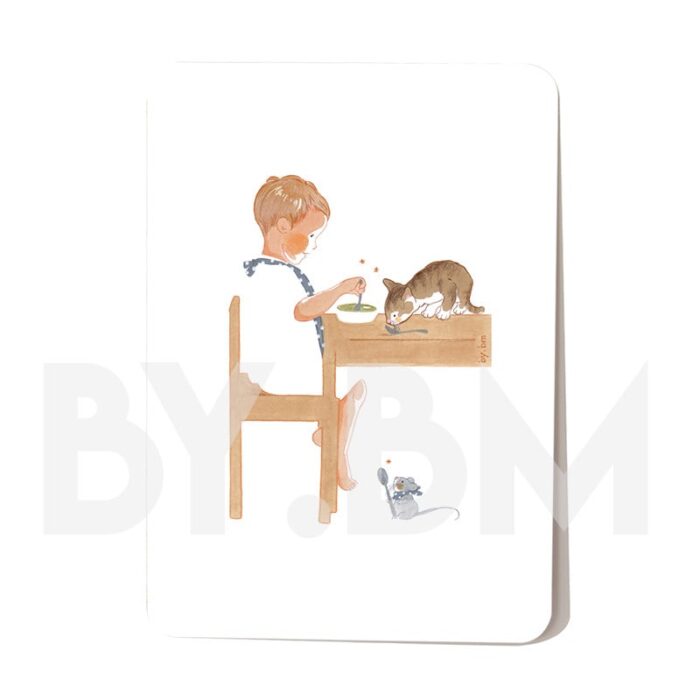 Carte postale avec un enfant et un chat