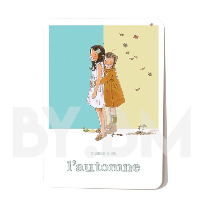 Carte postale avec deux petites filles au automne