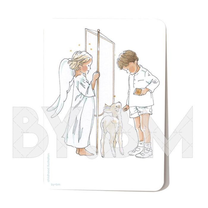 Un petit garçon, un agneau et un angelot tenant une bannière