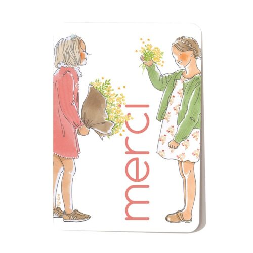 Carte deux petites filles face à face avec chacune un bouquet de fleurs dans les mains