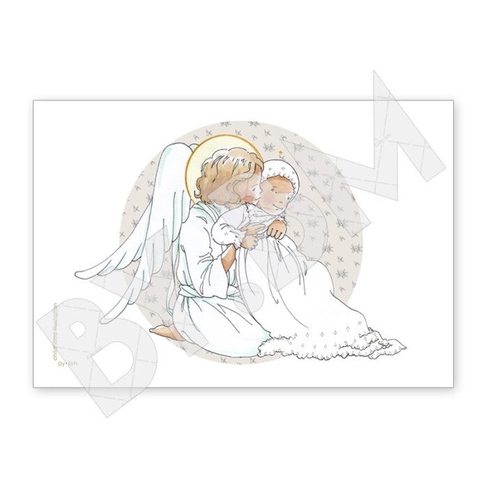 Une illustration originale représentant un nouveau né en robe de baptême dans les bras de son ange gardien