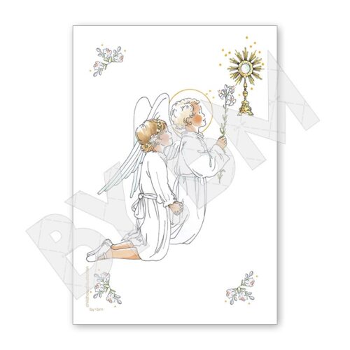 Carte de communion avec un dessin original représentant une petite fille agenouillée devant le Saint Sacrement