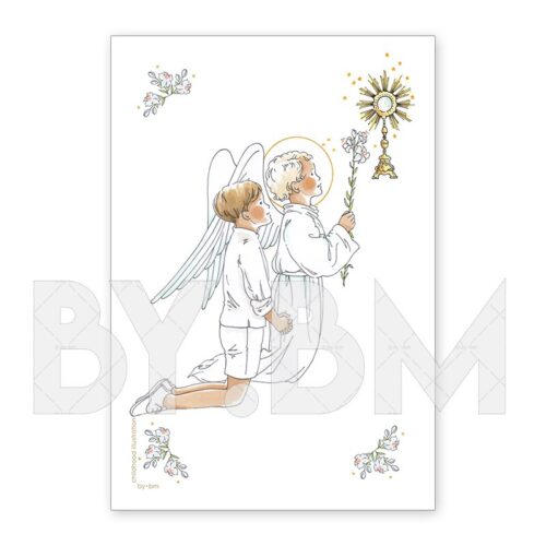 Carte de communion avec un dessin original représentant un petit garçon agenouillé devant le Saint Sacrement
