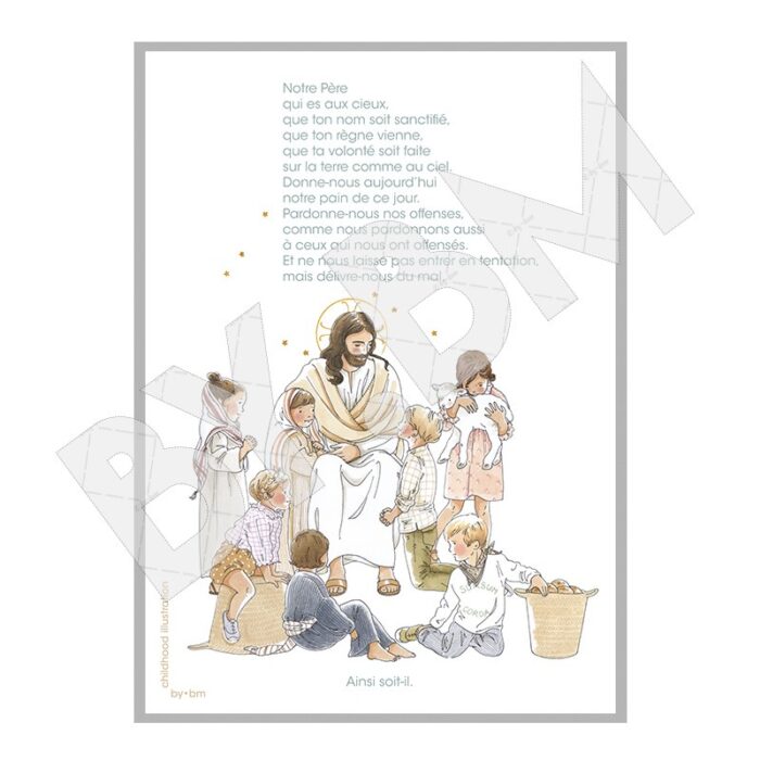 Illustration représentant Jésus entouré de sept petits enfants