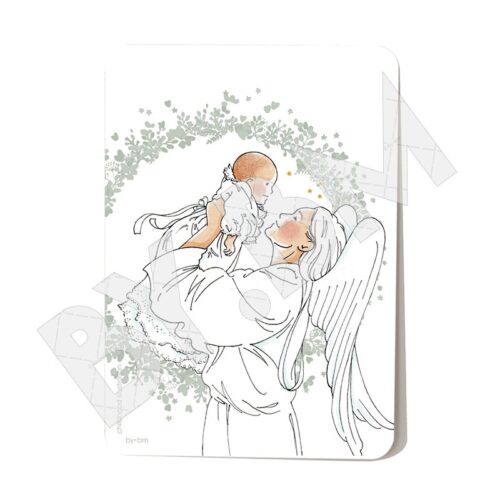 Carte de baptème avec un dessin original représentant un ange portant dans ses bras un petit bébé