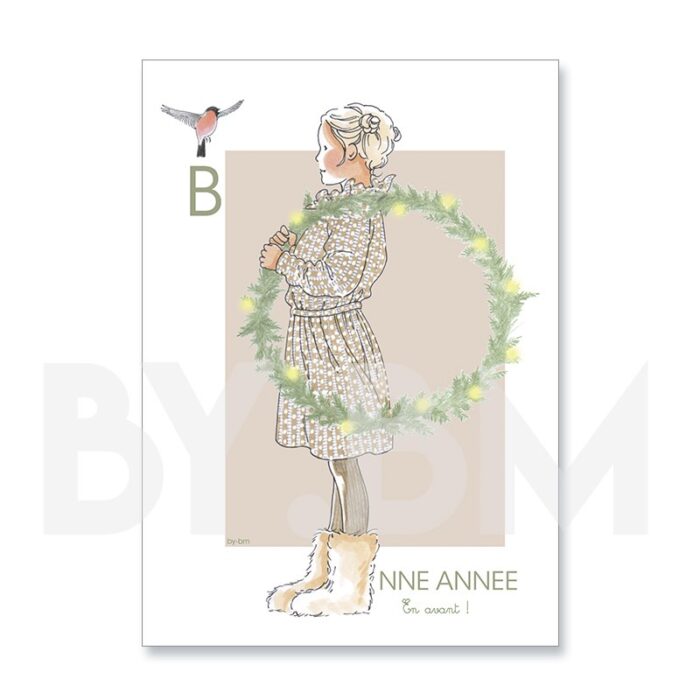 Carte de vœux avec le dessin d'une petite fille portant une couronne de l'Avent en bandoulière