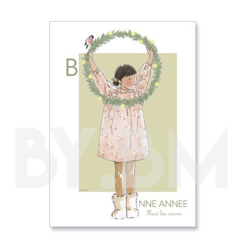 Carte de vœux avec le dessin d'une petite fille soulevant à bout de bras une couronne de l'Avent.