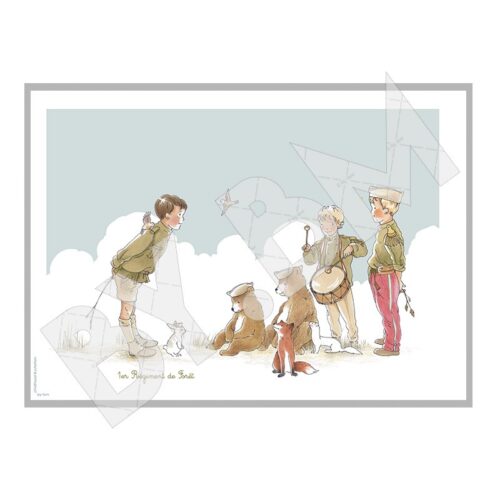 Poster illustré avec un dessin original représentant des enfants et des animaux de la forêt, des ours, un lapin, un renard.