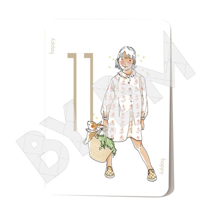 Carte postale avec un dessin représentant une petite fille tenant un panier dans lequel se trouve un lapin et un chiffre 11